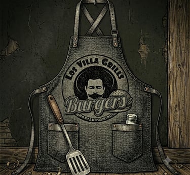 Un delantal de mezclilla vintage para barbacoa con el logotipo de Los Villa Grills Burgers.