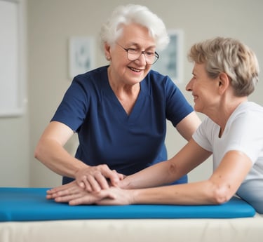 A warm, friendly physiotherapist assisting an elderly woman with gentle stretching exercises in a cozy home setting.