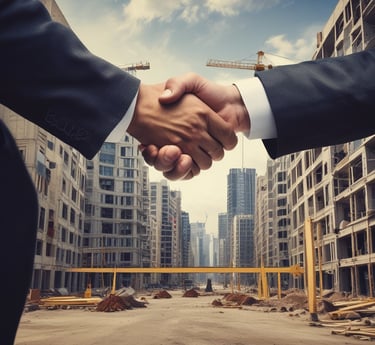 A sleek, minimalist office space with architectural blueprints and a laptop open to financial charts.