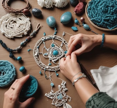 Persona elaborando pieza de joyería artesanal hecha con macramé