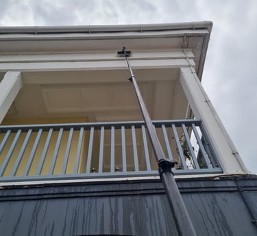Cleaning fascia with window fed pole