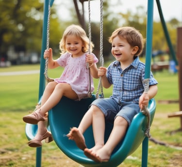 A diverse group of children holding hands in a sunny park, smiling and playing together.