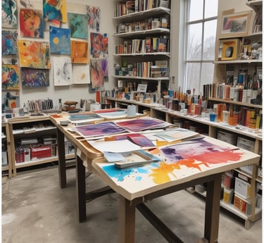 An artist’s studio filled with colorful canvases and brushes in natural light.