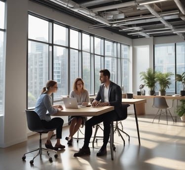 Team of professionals collaborating in a modern office setting with digital marketing charts on screens.
