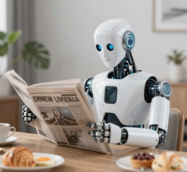 A cozy workspace with a laptop displaying AI news and a cup of coffee nearby.