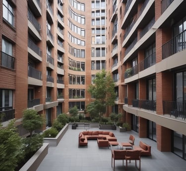 A friendly team member cleaning a bright, modern apartment building lobby in Toulouse.