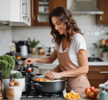 A cozy workspace with a laptop, coffee cup, and notes about product research.