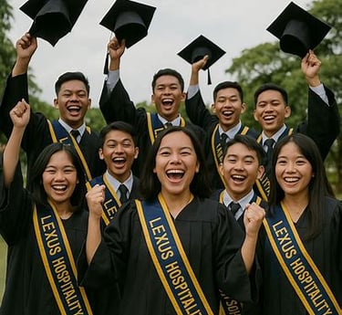 Happy Lexus Hospitality School graduates celebrate at a commencement ceremony holding their graduation caps.