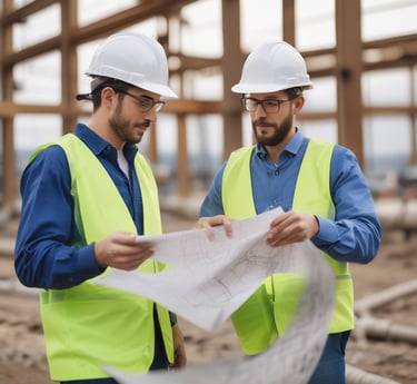 Large photo of a real construction site showing workers and structural details, with a modern and clean aesthetic.