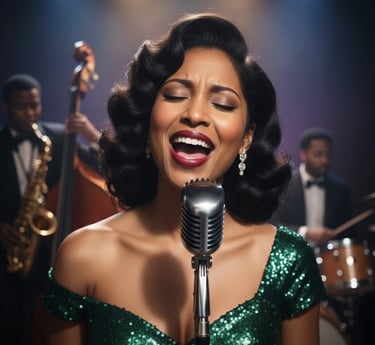 Ruby Mae Davenport, jazz soul artist, singing into a vintage microphone in a green dress during a li