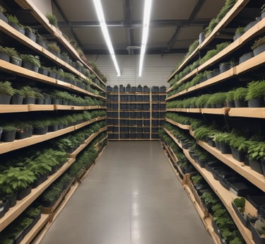 A lush nursery with rows of healthy green plants ready for bulk supply, set against a clear Kerala sky.