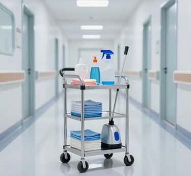 A professional cleaner in navy and teal uniform carefully sanitizing a modern hospital corridor with warm gold accents in the background.