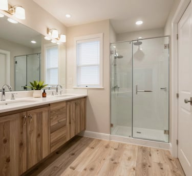 Modern master bathroom with double vanity, wood grain cabinets, and glass walk-in shower.