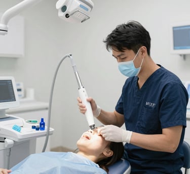 A modern dental clinic room featuring sleek digital equipment and a patient comfortably receiving laser treatment.
