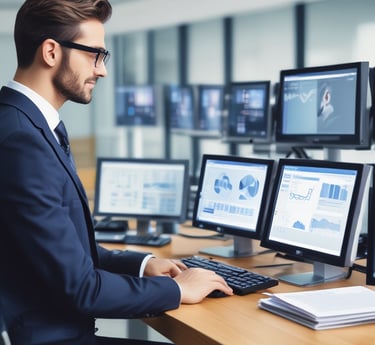 A sleek, modern office server room glowing with blue LED lights and a technician monitoring network security on multiple screens.