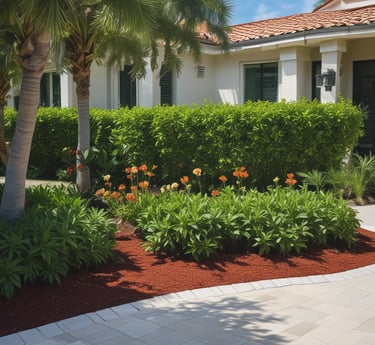 A skilled arborist carefully trimming a tall palm tree under a bright blue sky in a South Florida neighborhood.