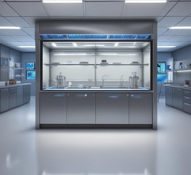 Modern lab fume hood made of stainless steel and glass with glowing blue airflow lines, set against an anthracite high-tech lab background in 8k resolution.