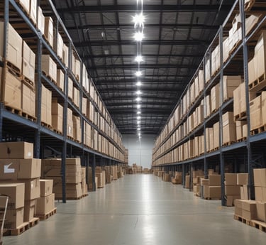 Photo of a busy local warehouse with neatly stacked products ready for delivery.