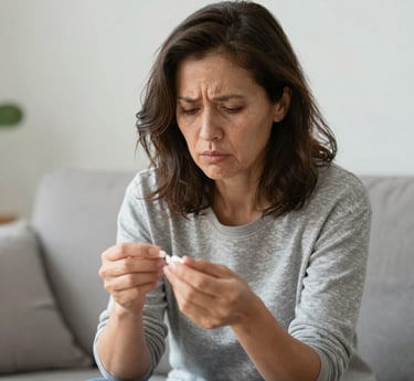 A frustrated person holding various medicines, sitting in a softly lit, minimalist room.