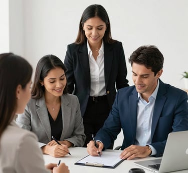 A group of certified real estate agents in Mucuri smiling and discussing property listings.