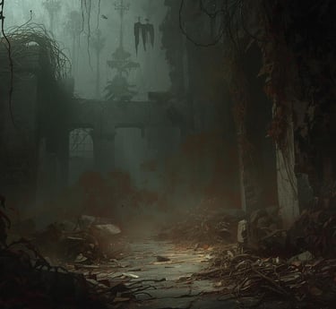 Eerie post-apocalyptic ruins with overgrown vines and red foliage in a dark, foggy hallway.