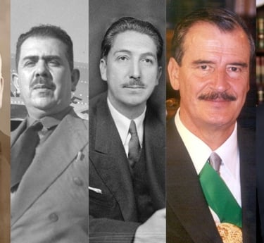 A collage showing portraits of five historic Mexican Presidents including Porfirio Diaz and AMLO.