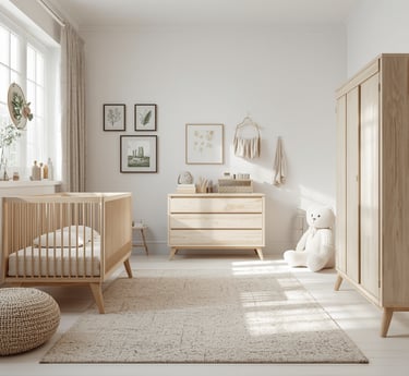 Complete minimalistische babykamer met houten wieg, commode, rotan accessoires, stralend, sereniteit