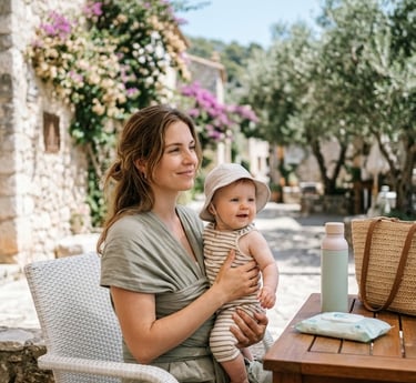 Een jonge moeder glimlacht op een zonnig mediterraan terras, terwijl ze haar baby vasthoudt.