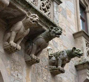 Stone gargoyle perched on a historic cathedral roof against a cloudy sky.