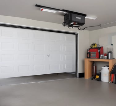 A friendly technician in a red uniform repairing a garage door spring on a sunny day.