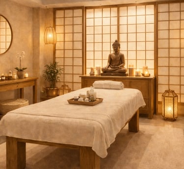 Ilustración de gabinete spa oriental con camilla de masaje, luz cálida y atmósfera de calma.