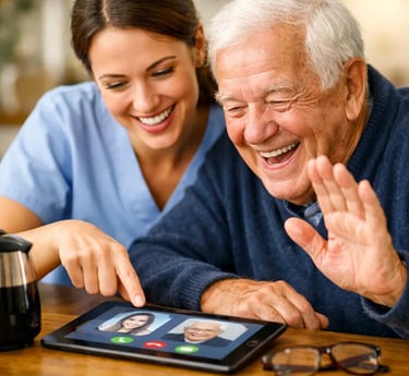 Aide à domicile aidant une personne âgée à utiliser une tablette tactile