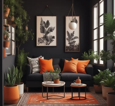 A welcoming real estate agent discussing with clients in a modern office with black and orange decor.