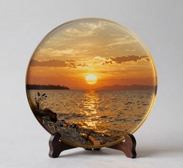 Close-up of a handcrafted resin wall art piece with intricate Indian motifs glowing softly against a charcoal black background.