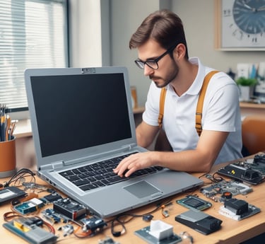 Technician repairing a laptop at a customer's home in a bright, welcoming room.