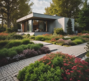 A lush green garden pathway bordered by freshly planted shrubs and vibrant flowers.