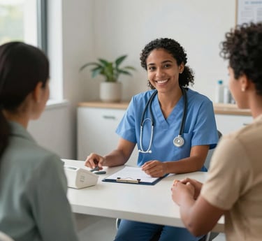 A calm, professional setting with centered text overlay explaining the pay-what-you-can screening model.