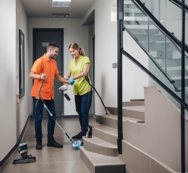 A friendly cleaner in uniform tidying up a bright, modern office space.
