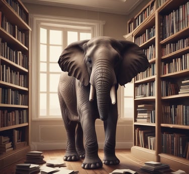 A gentle elephant standing in a softly lit forest where shadows and sunlight mingle.