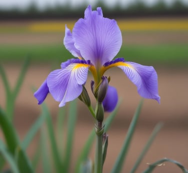 A close-up of a delicate iris flower with soft morning light highlighting its petals.
