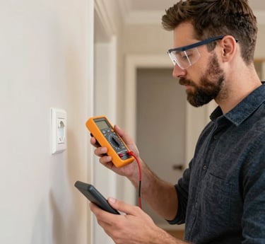 A professional technician in a navy uniform carefully polishing a modern luxury home's wooden floor with golden accents.