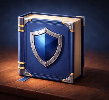Illustrated book with shield symbol representing a cybersecurity glossary and digital protection terminology guide
