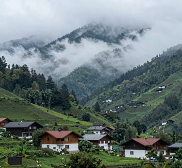 A panoramic view of the misty Gorthan area showcasing lush greenery and peaceful farmhouse plots.