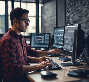 A friendly team working together in an office with computers and documents.