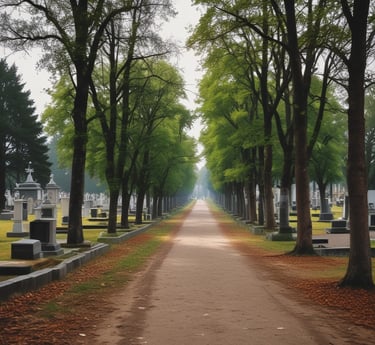 A peaceful cemetery pathway bordered by freshly cleaned tombstones and blooming flowers.
