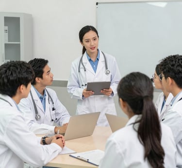 A diverse group of medical educators from various ethnic backgrounds engaged in a collaborative training session.