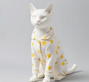 Una estatua de un gato blanco que lleva un pijama de gato con estampado de estrellas blancas