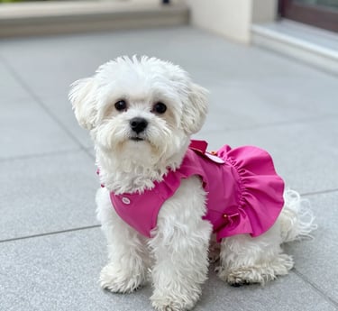 Perrita pequeña modelando su traje rosa 100% personalizado