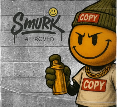 Smurk-approved graffiti character smiling, holding a gold spray paint can, with "COPY" on his hat and shirt, on a brick wall