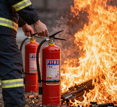 Person using a fire extinguisher to put out a small fire inside a house, and another scene showing a vehicle fire being extinguished with a fire extinguisher.